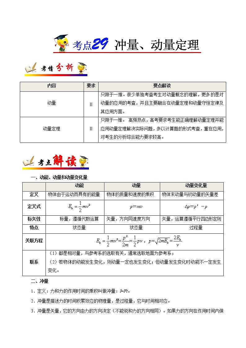 高中物理高考 考点29 冲量、动量定理——备战2021年高考物理考点一遍过 试卷01