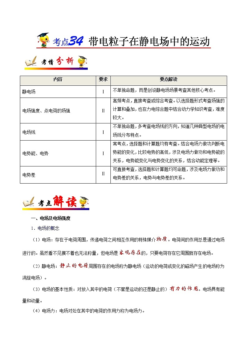 高中物理高考 考点34 带电粒子在静电场中的运动——备战2021年高考物理考点一遍过第1页