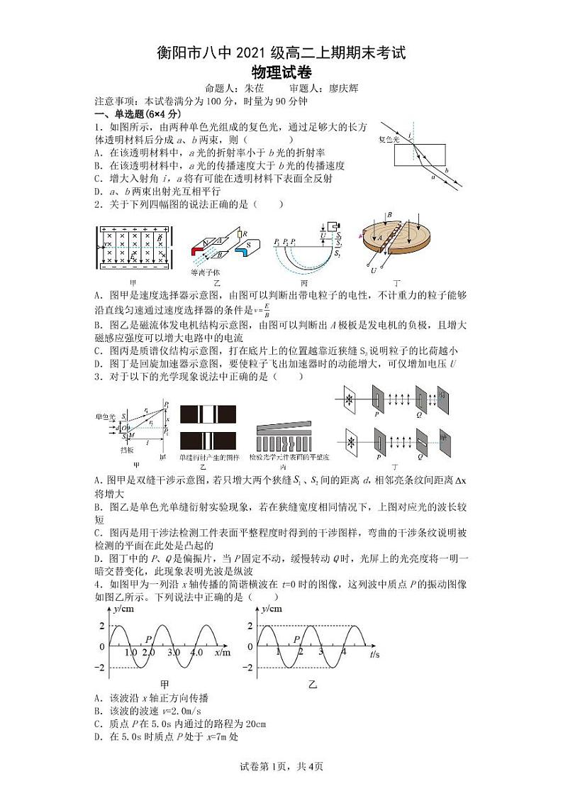 衡阳市八中2021级高二上期期末考试物理第1页