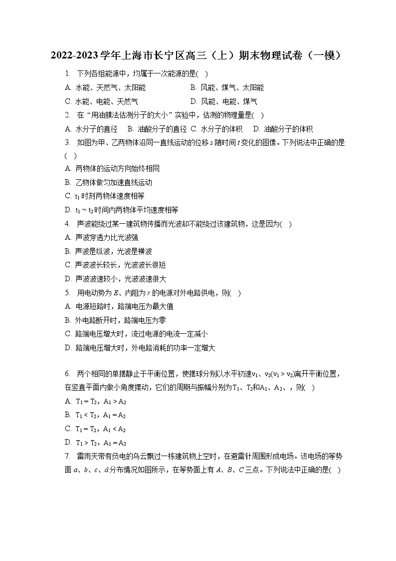 2022-2023学年上海市长宁区高三(上)期末物理试卷(一模)(含答案解析)第1页