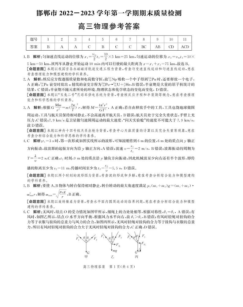河北省邯郸市2022-2023学年高三上学期期末考试物理试题01
