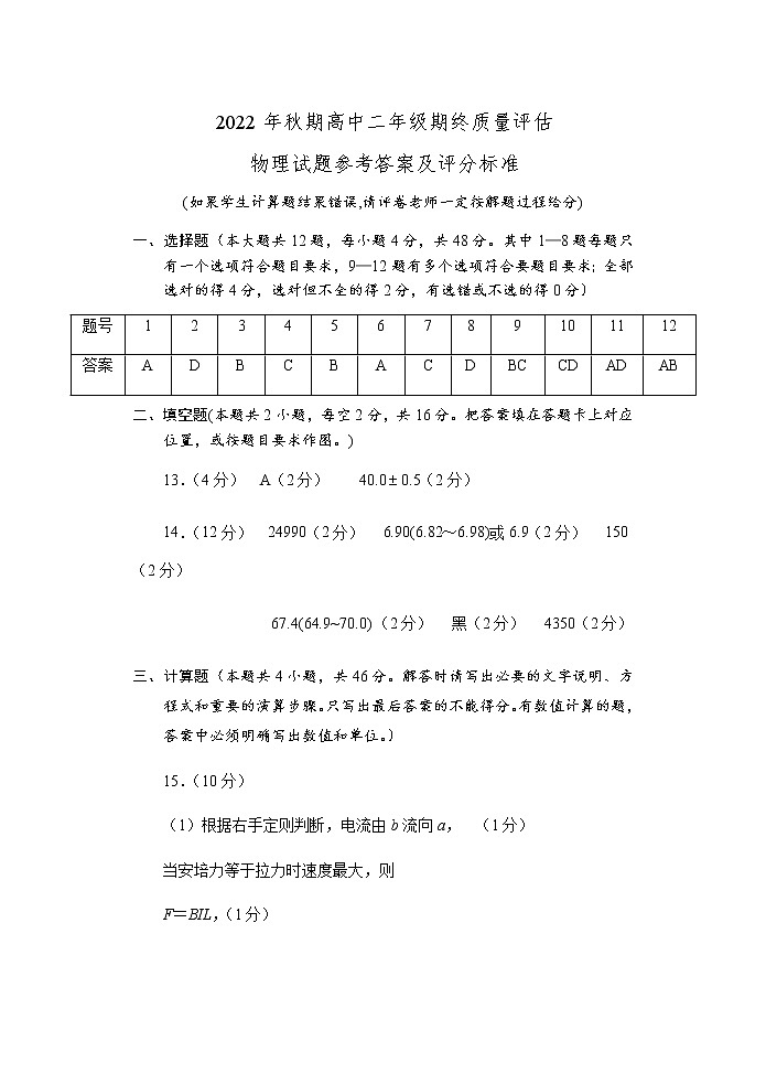 河南省南阳市2022-2023学年高二上学期期末质量评估物理答案第1页
