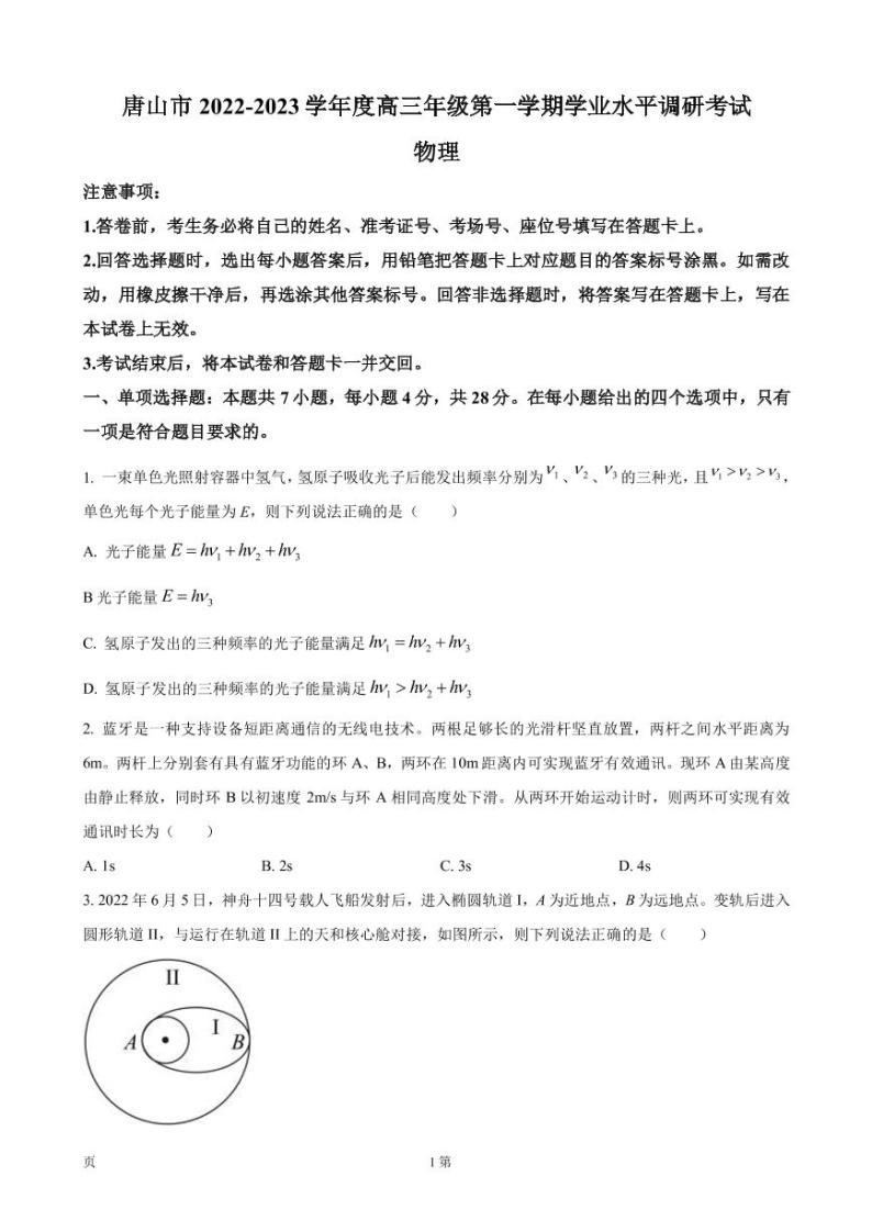 2022-2023学年河北省唐山市高三上学期学业水平调研考试物理试题（PDF版）01