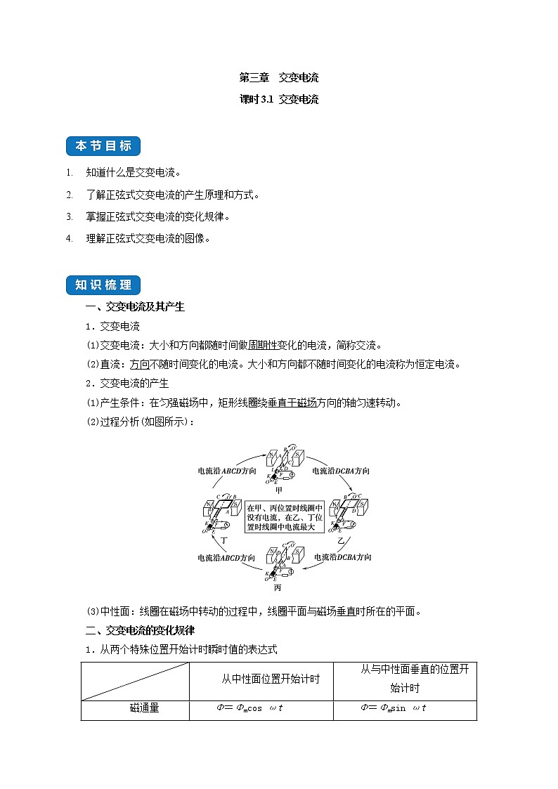 课时3.1 交变电流--高中物理同步练习分类专题教案(人教版选择性必修第二册)01