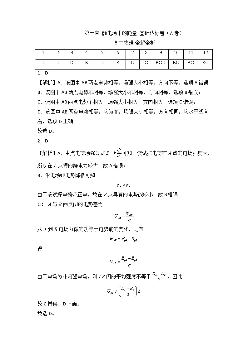 第十章 静电场中的能量 基础达标卷(A卷)(全解全析版)第1页
