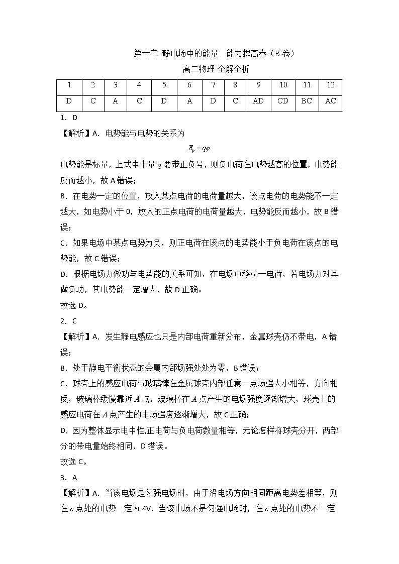 第十章 静电场中的能量 能力提高卷(B卷)-高二物理分层训练AB卷(人教版必修第三册)01