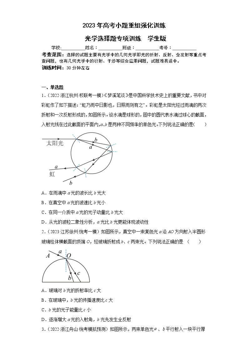 【备战2023】高考物理选择题专项训练学案——光学01