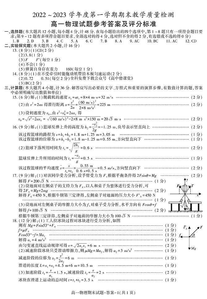 陕西省咸阳市2022-2023学年高一上学期期末物理答案第1页