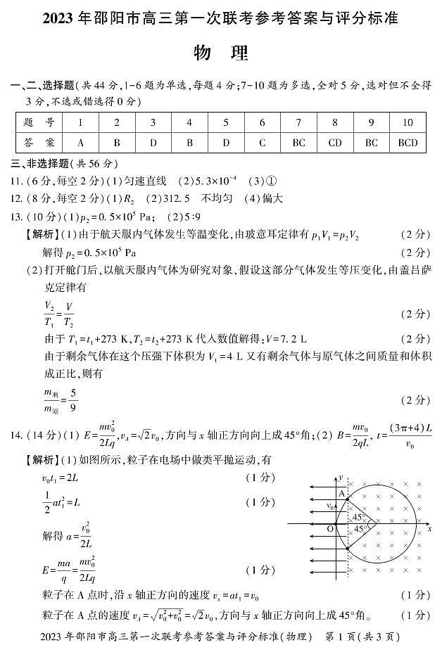 2023年湖南省邵阳市高三第一次联考物理试题卷答案第1页