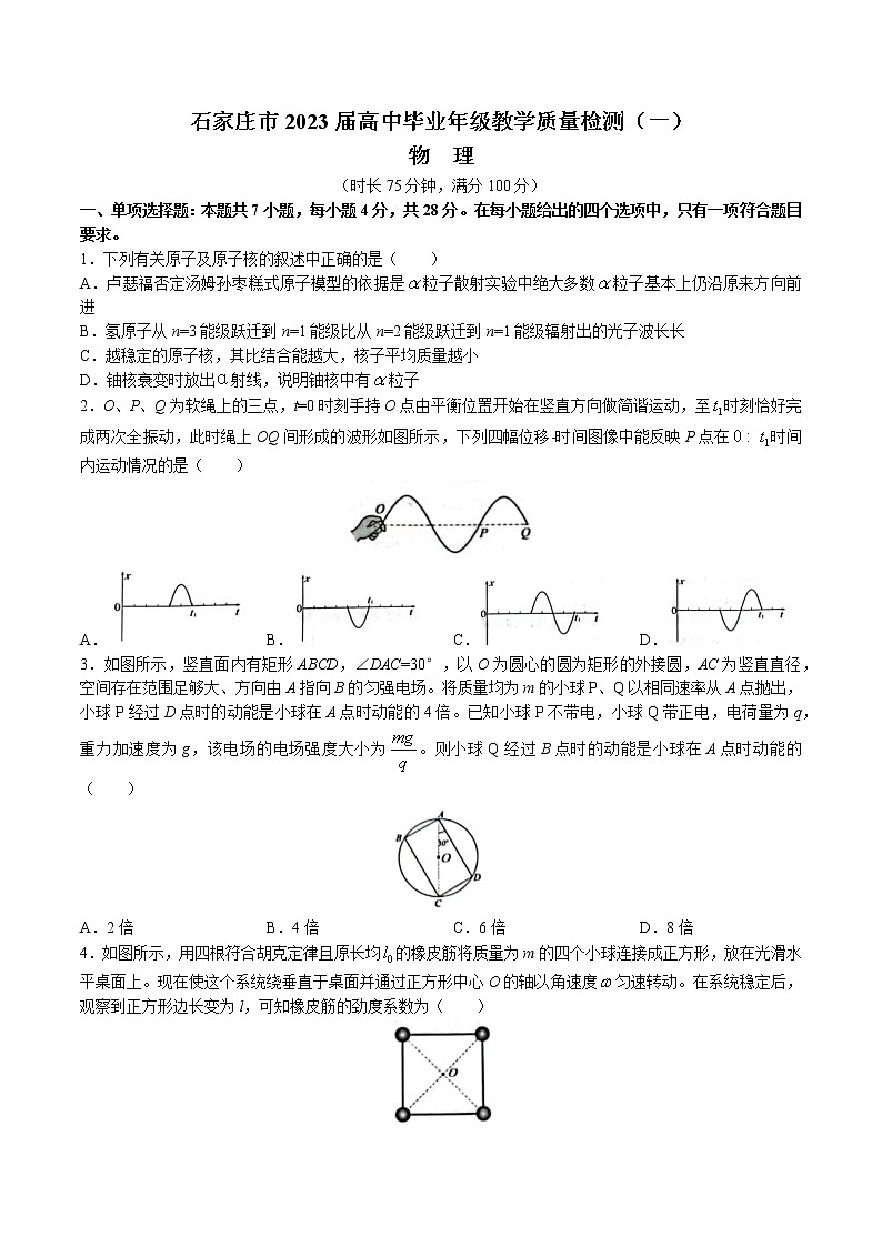 石家庄市2023届高中毕业年级教学质量检测(一)物理试题第1页