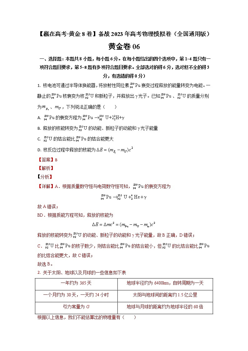 黄金卷06-【赢在高考·黄金8卷】备战2023年高考物理模拟卷(全国卷专用)(解析版)第1页
