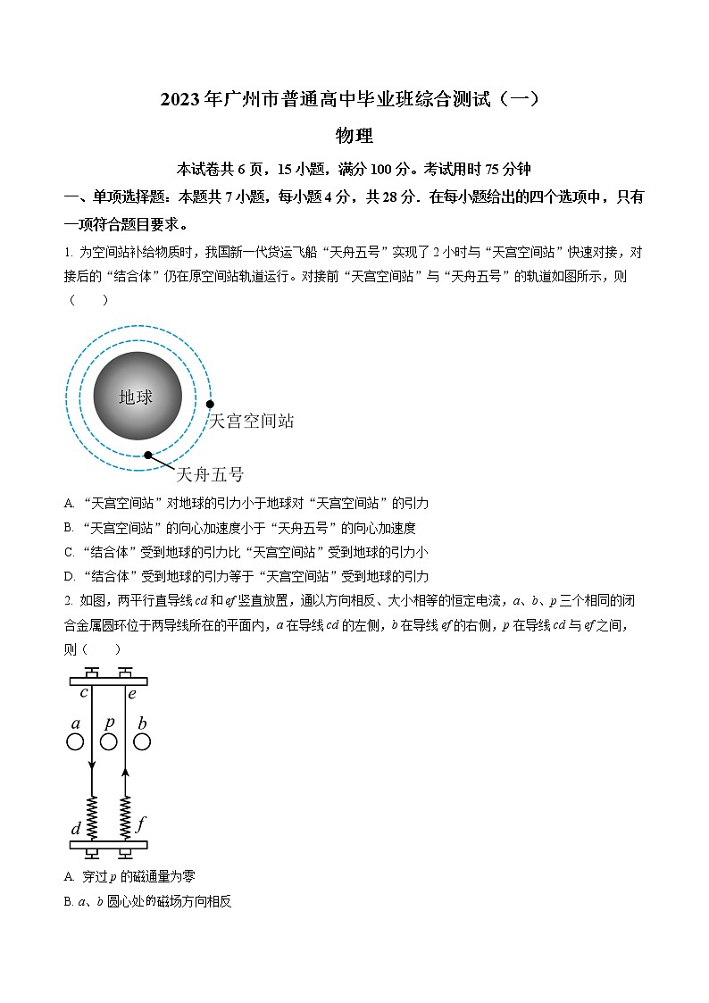2023届广东省广州市普通高中高三下学期综合测试(一)物理试题(原卷版)第1页