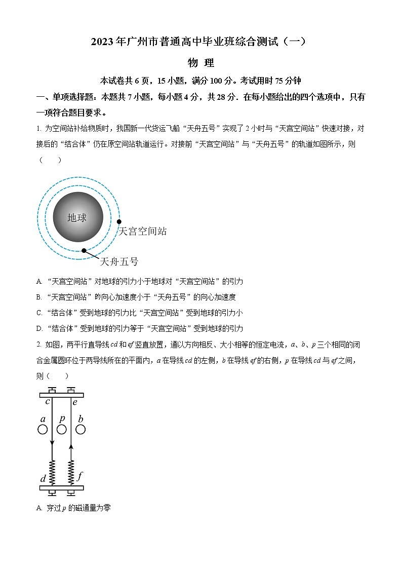 2023广州高三下学期3月综合测试(一)(一模)物理含答案第1页