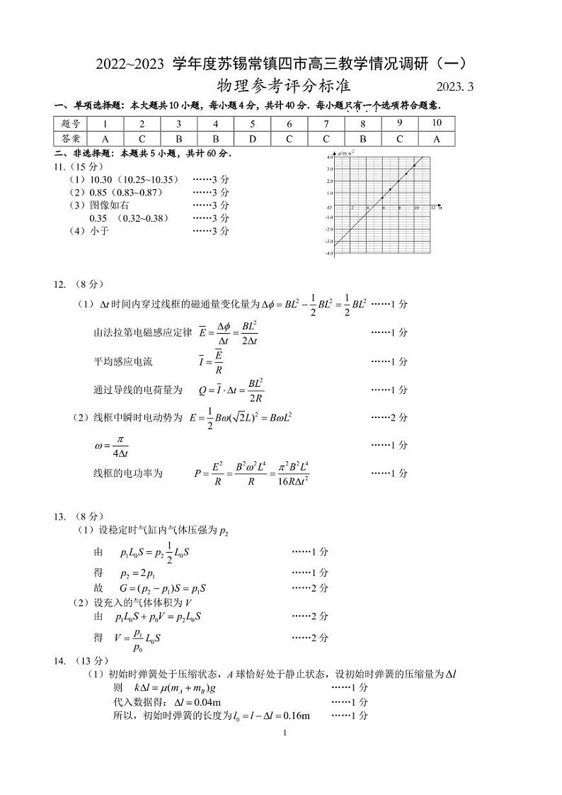 江苏省苏锡常镇四市2022-2023学年高三下学期3月教学情况调研(一)(一模)物理答案 试卷01