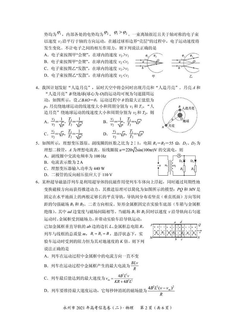 2021届湖南省永州市高三下学期5月高考物理信息卷(二) PDF版第2页
