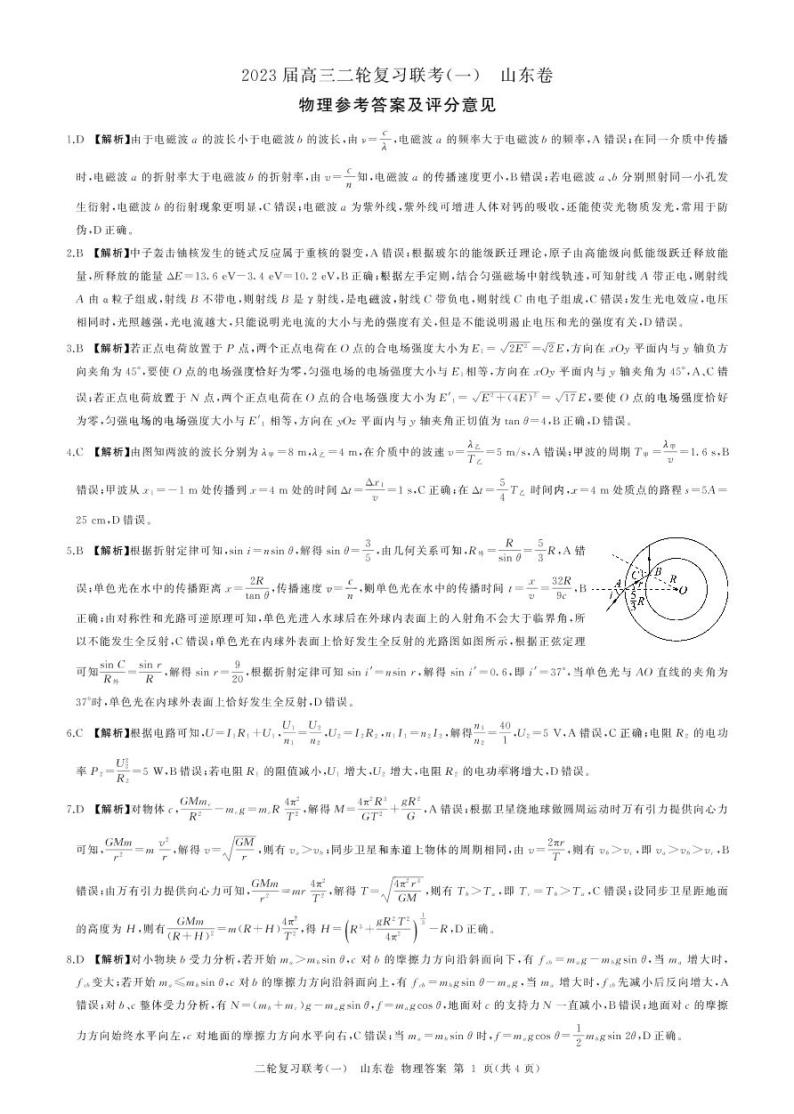 百师联盟丨山东省2023届高三二轮复习联考（一）物理试题及答案01