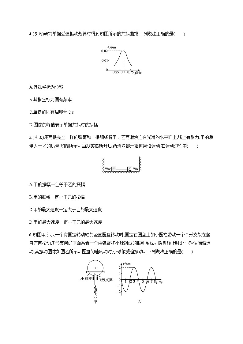 人教版高中物理选择性必修第一册第二章机械振动6受迫振动共振习题含答案02
