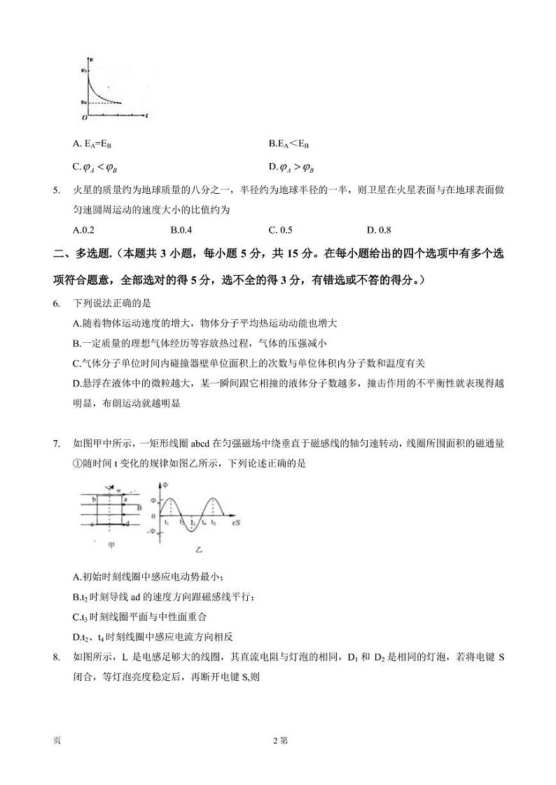 2022届天津市红桥区高三下学期一模物理试题(PDF版)第2页