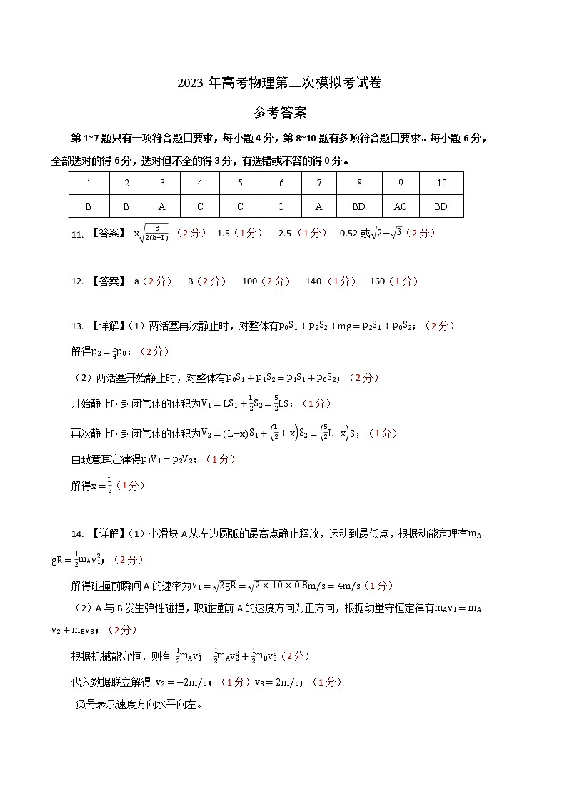 2023年高考物理第二次模拟考试卷(辽宁A卷)(参考答案)第1页