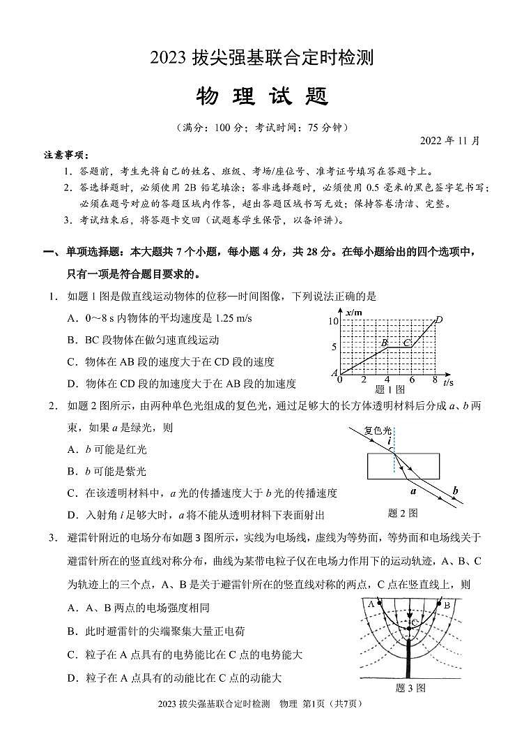 2023拔尖强基联合定时检测物理试题第1页