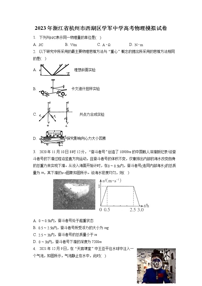 2023年浙江省杭州市西湖区学军中学高考物理模拟试卷(含答案解析)01