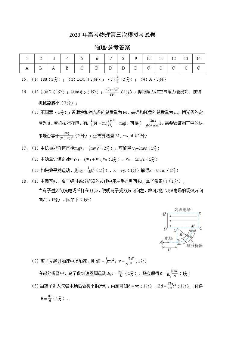 2023年高考第三次模拟考试卷-物理（北京A卷）（参考答案）01