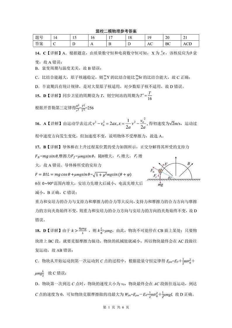 江西省重点中学盟校2023届高三第二次联考 理综物理答案第1页