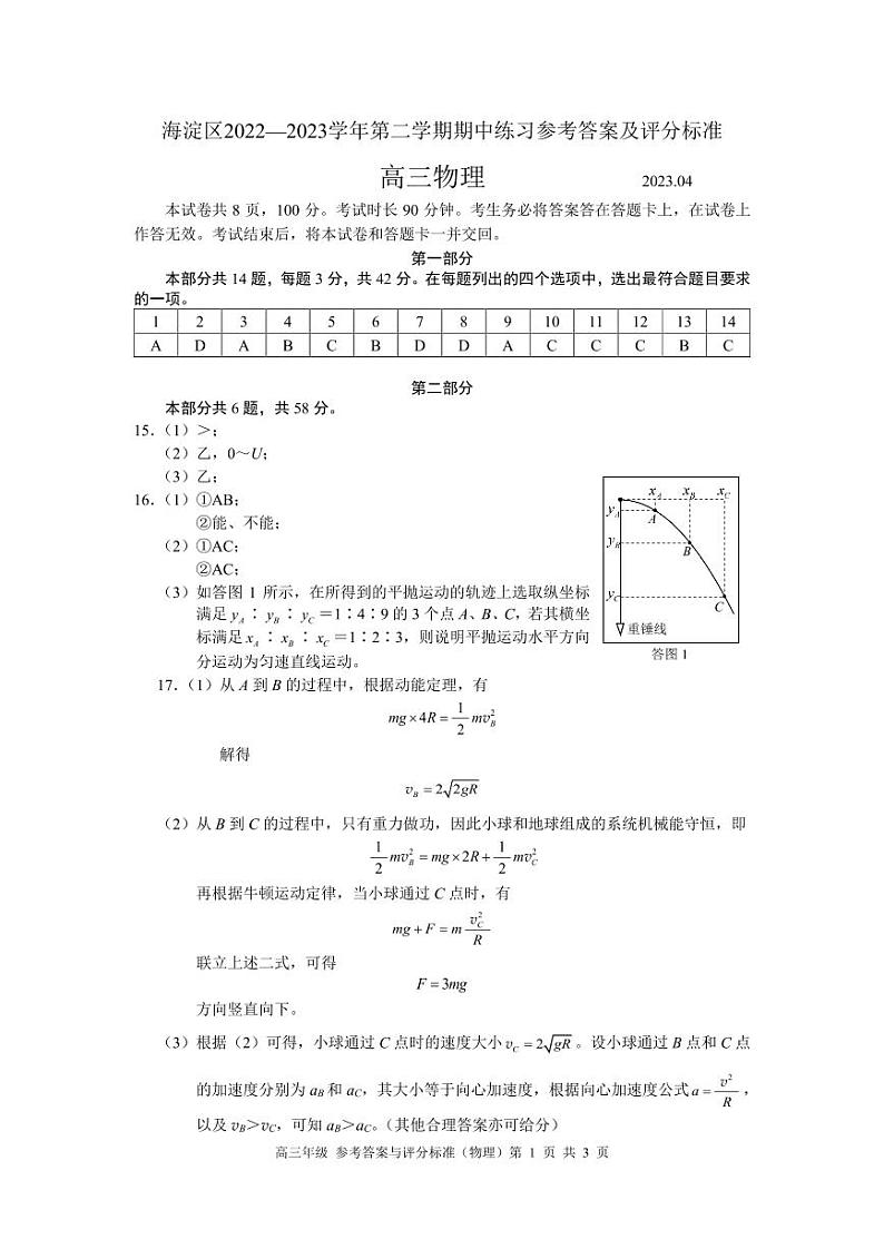 2022-2023学年北京市海淀区高三下学期期中考试(一模)物理PDF版含答案01