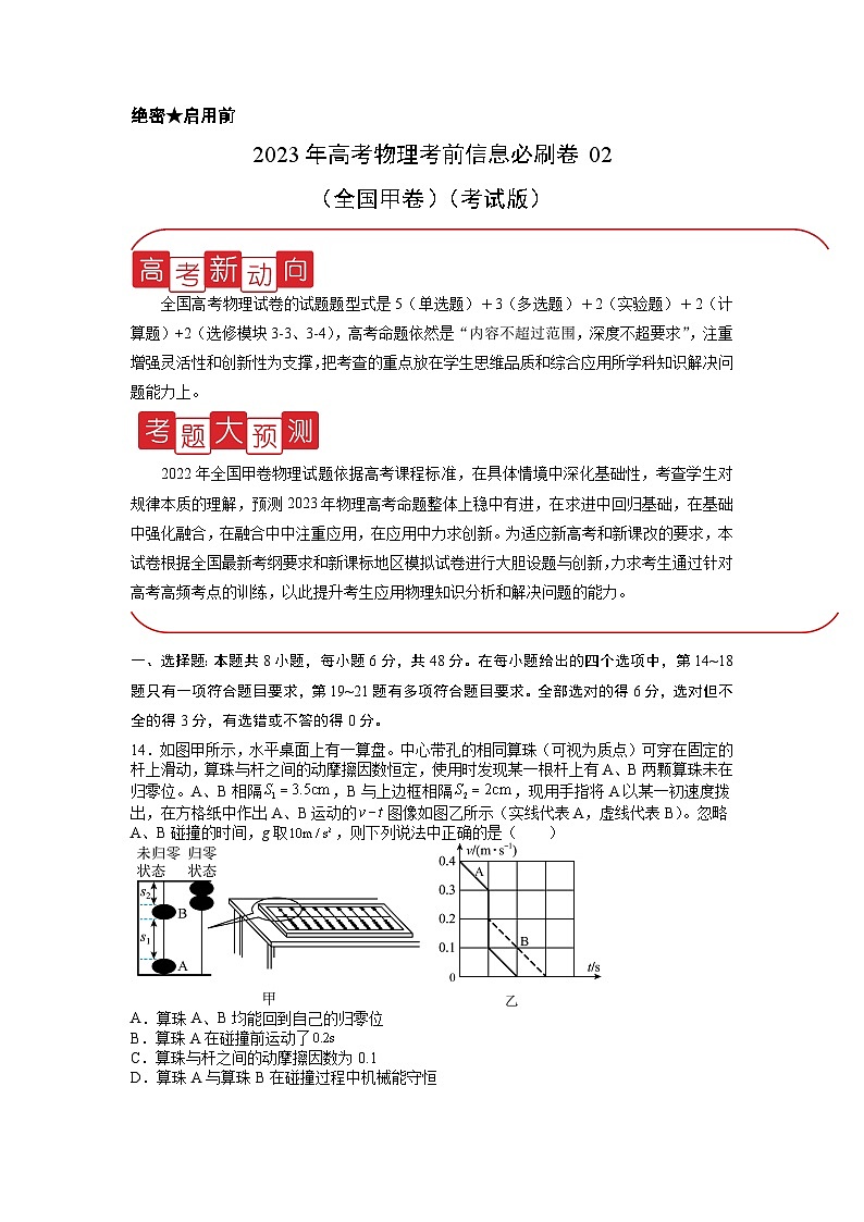 必刷卷02——【高考三轮冲刺】2023年高考物理考前20天冲刺必刷卷(全国甲卷)(考试版)第1页