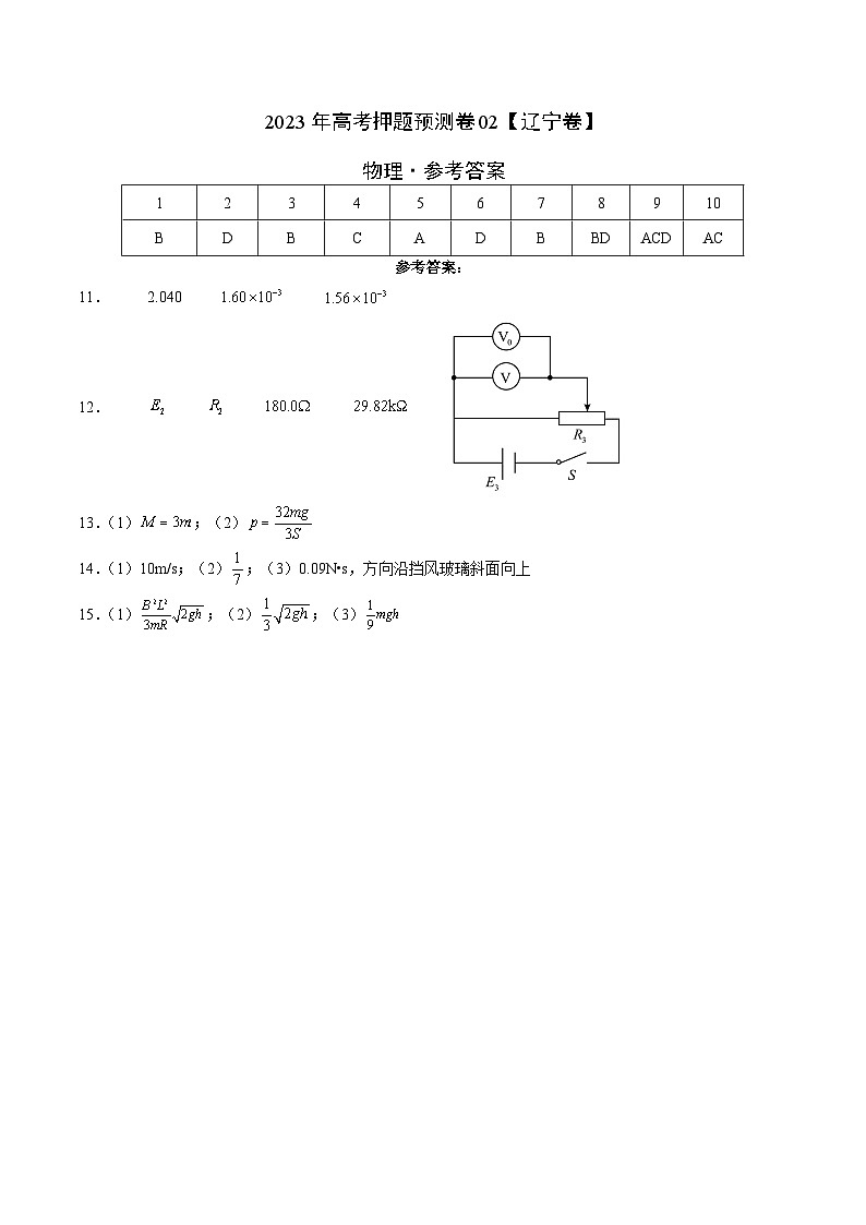 2023年高考押题预测卷02(辽宁卷)-物理(参考答案)01