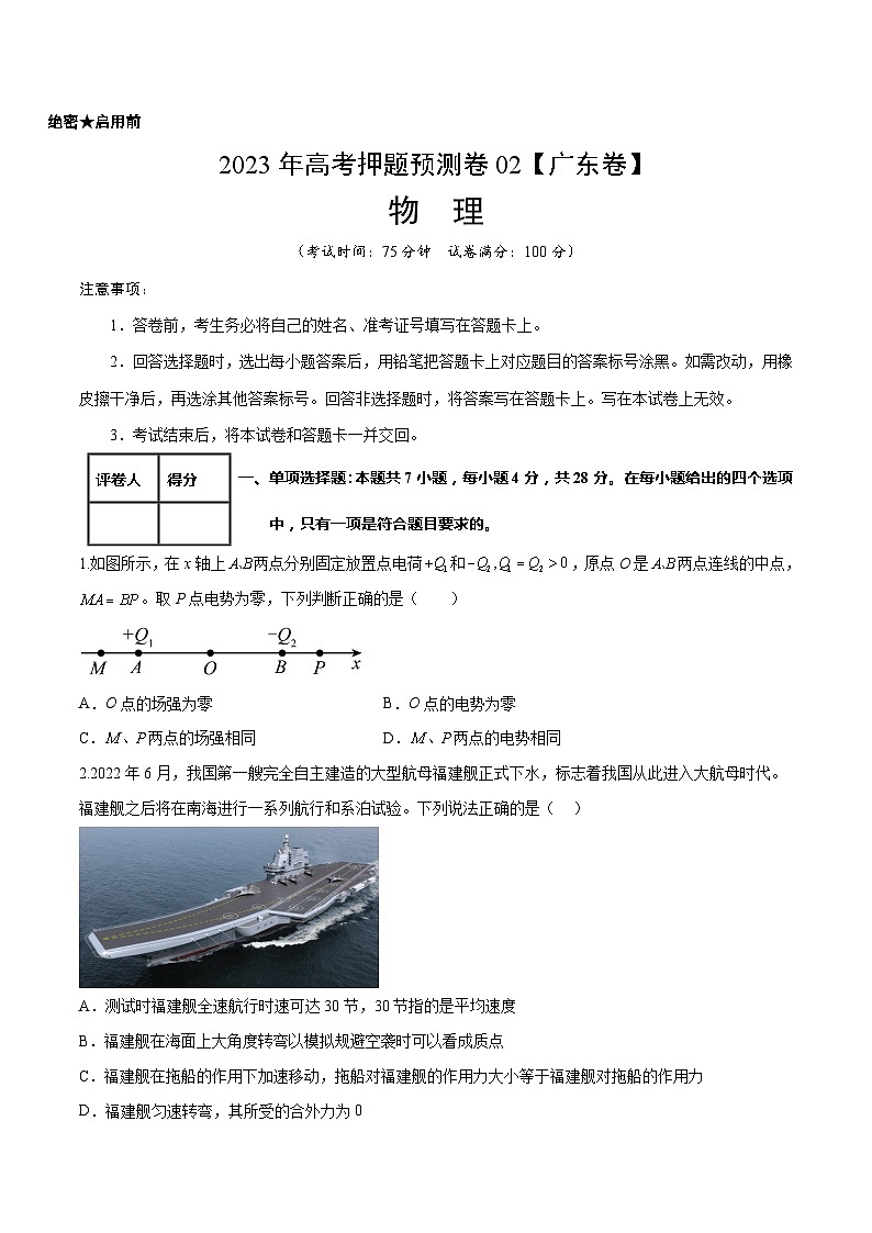 2023年高考押题预测卷02(新高广东卷)-物理(考试版)A4第1页