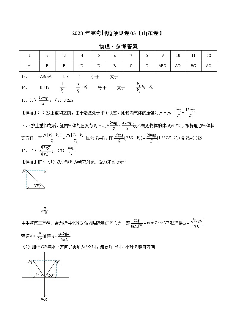 2023年高考押题预测卷03(山东卷)-物理(参考答案)01