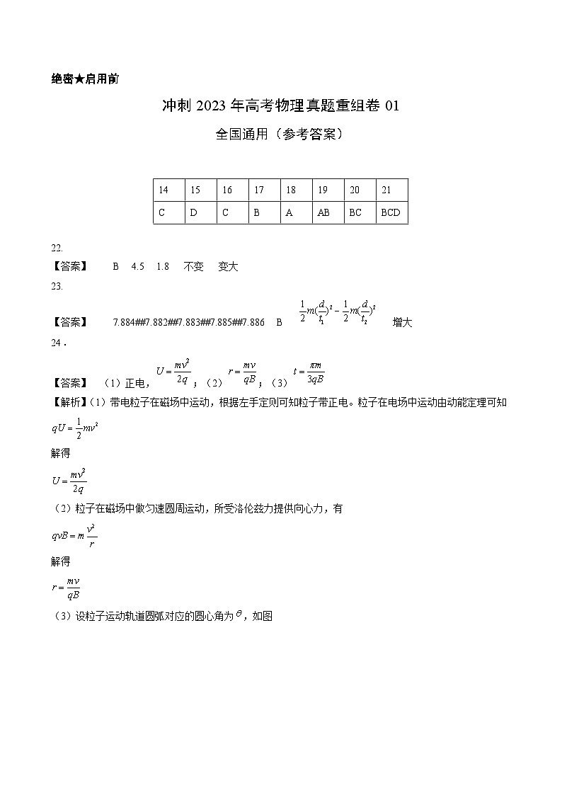 真题重组卷01——2023年高考物理真题汇编重组卷(全国通用)(参考答案)第1页