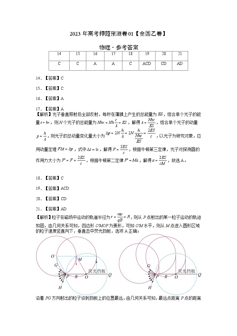 2023年高考物理押题卷01（全国乙卷）（含考试版、全解全析、参考答案、答题卡）01