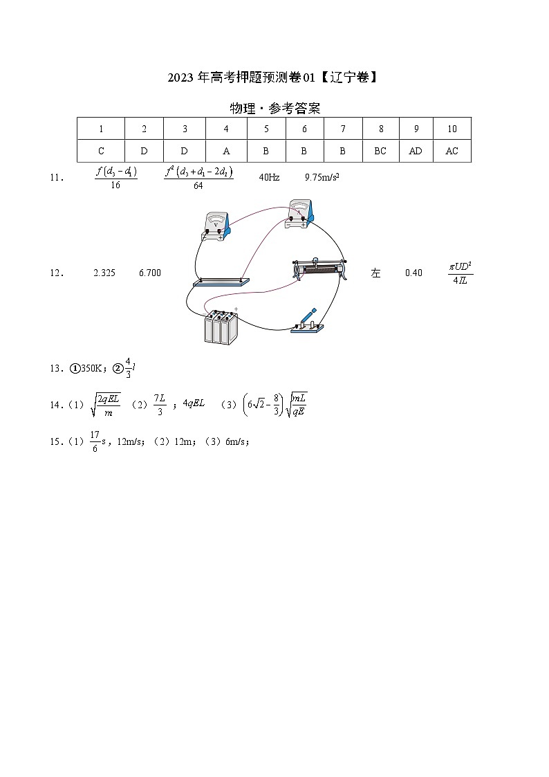 2023年高考物理押题卷01(辽宁卷)(参考答案)第1页