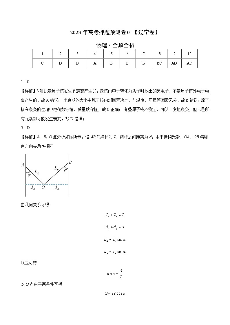 2023年高考物理押题卷01(辽宁卷)(全解全析)第1页