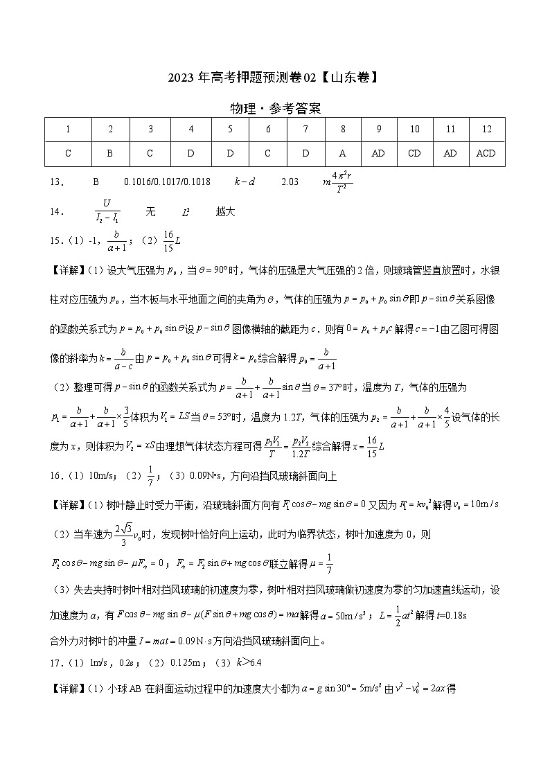 2023年高考物理押题卷02(山东卷)(参考答案)第1页