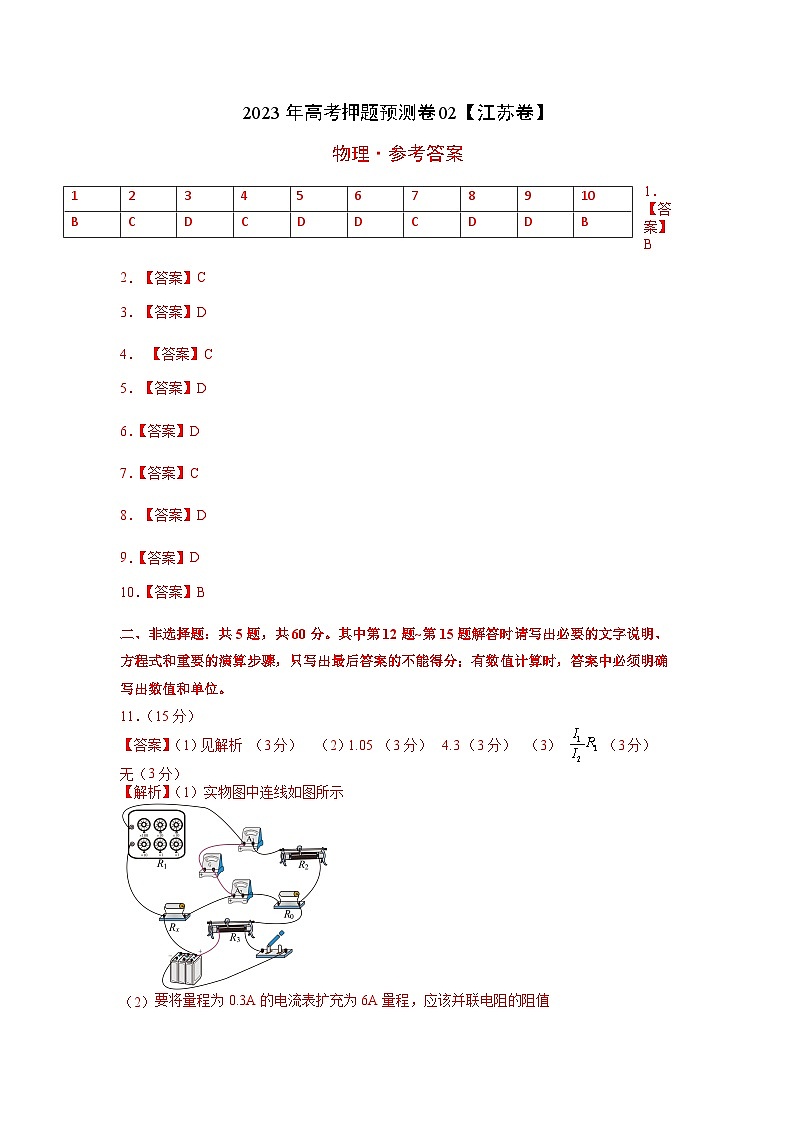 2023年高考物理押題卷02 （江蘇卷）（參考答案）第1頁(yè)