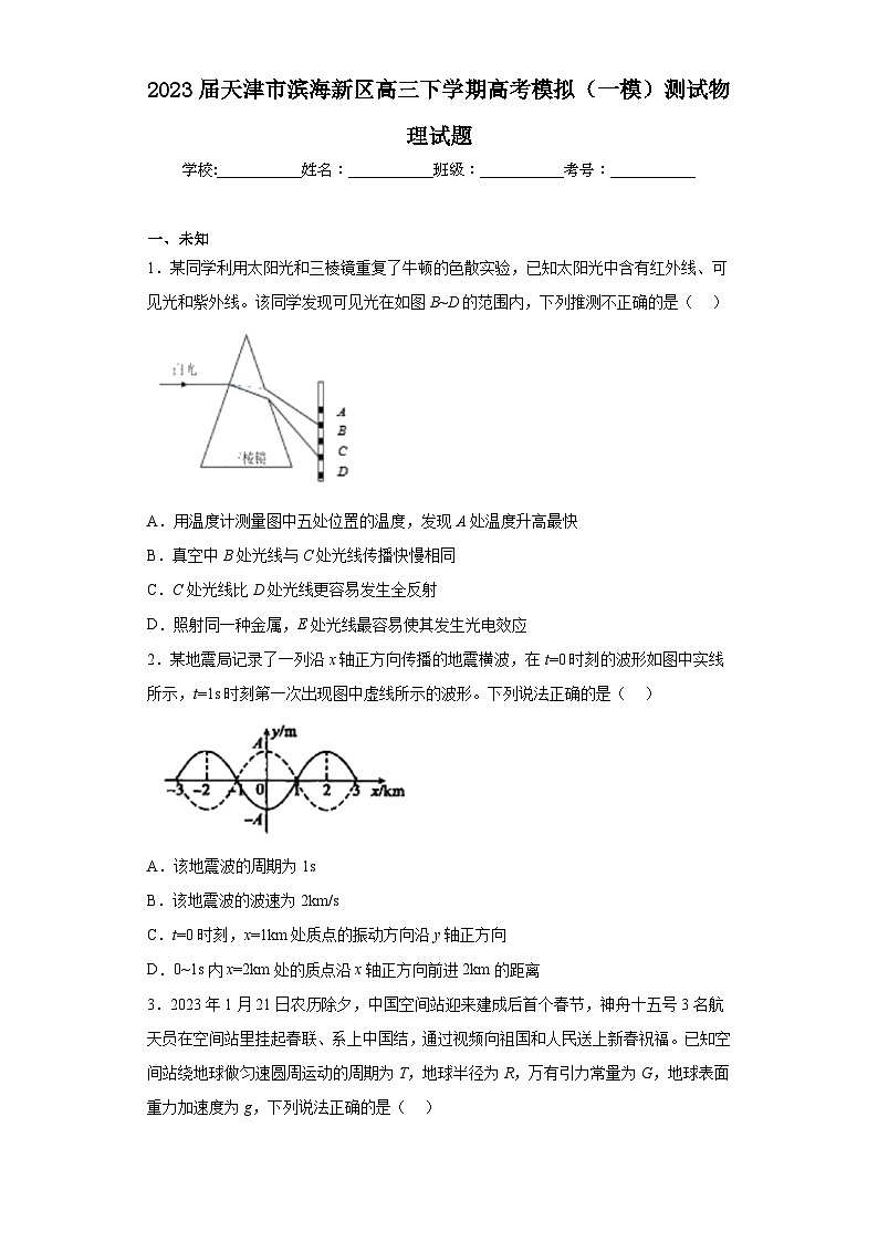 2023届天津市滨海新区高三下学期高考模拟(一模)测试物理试题(无答案)第1页