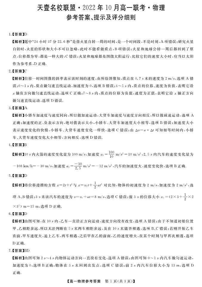 物理湖南省天壹名校联盟·2022年10月高一联考物理答案第1页