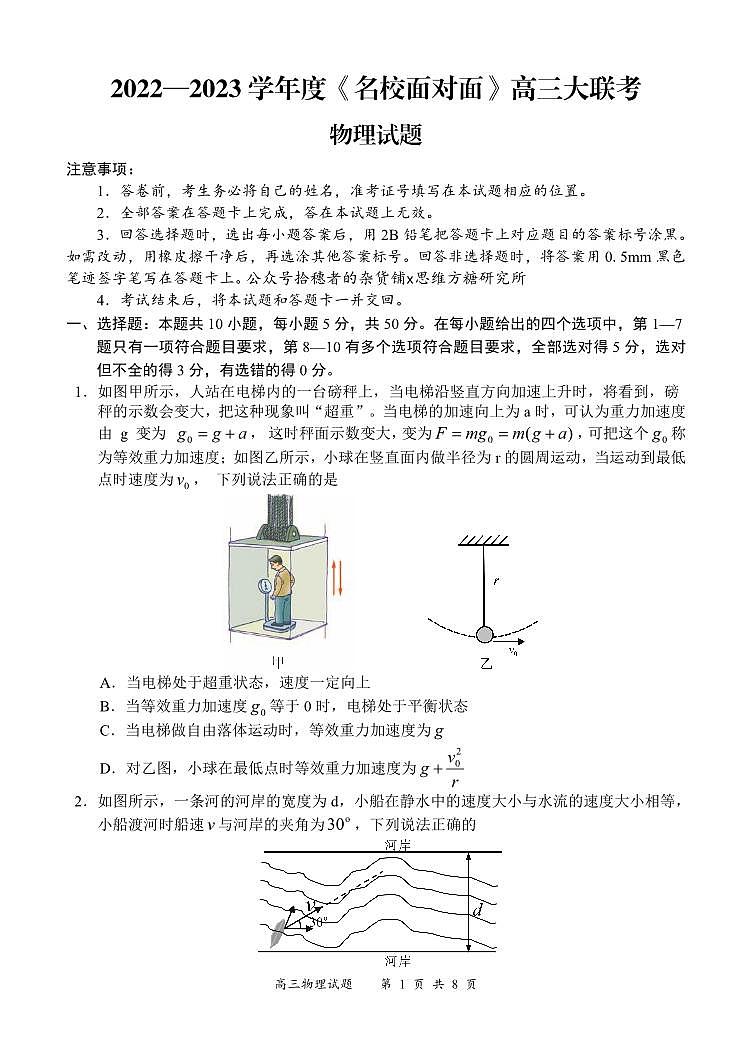 2023届《名校面对面》高三上学大联考二联试题(全国卷) 物理 PDF版01