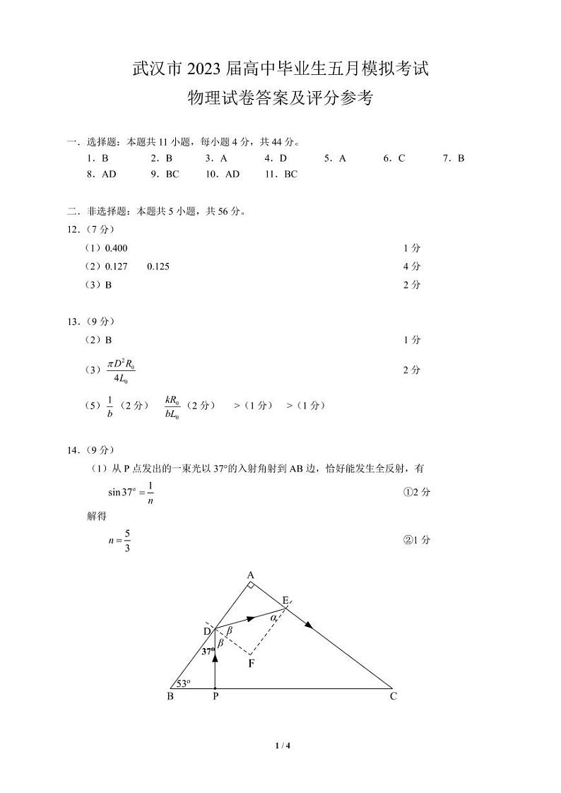 湖北省武汉市2023届高三年级五月模拟训练试题-+物理答案第1页