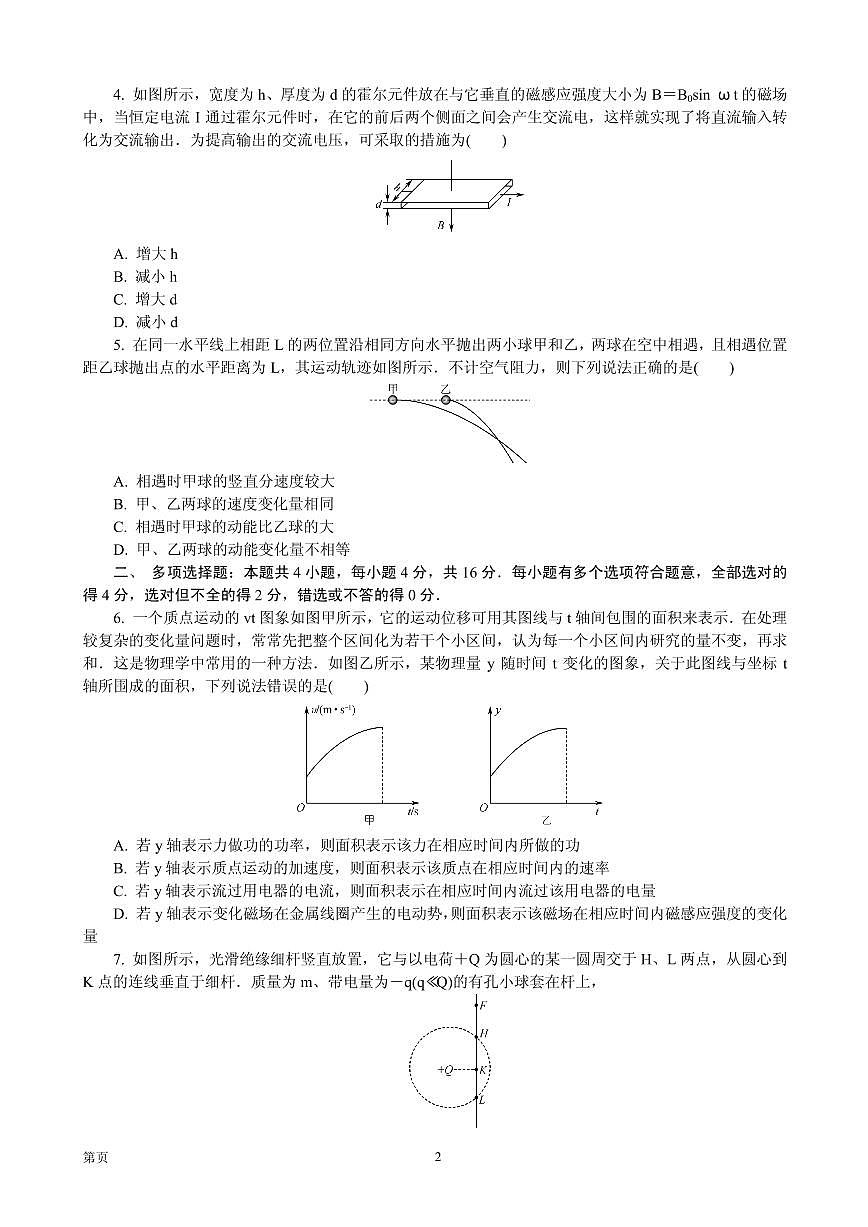 2020屆江蘇省鹽城市高三模擬考試（5月） 物理 PDF版第2頁(yè)