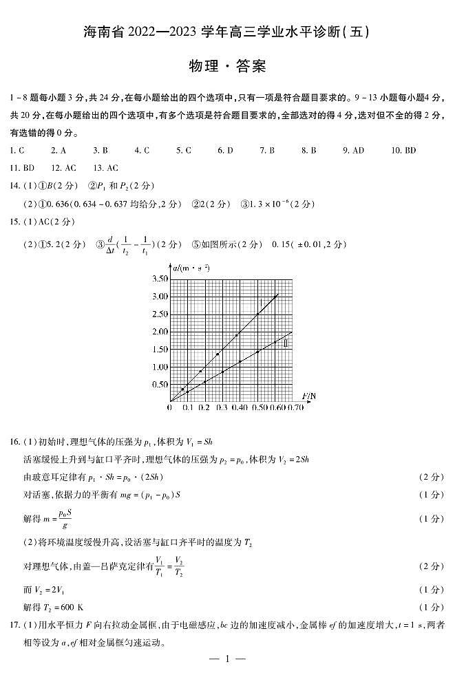 2023届海南省高三学业水平诊断(五)物理试题01