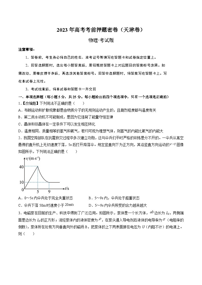 2023年高考考前押题密卷物理试题(天津卷)(word版)01