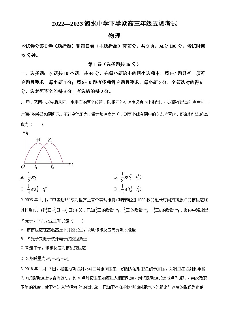 河北省衡水中学2022-2023学年高三下学期五调考试物理试题(原卷版)第1页