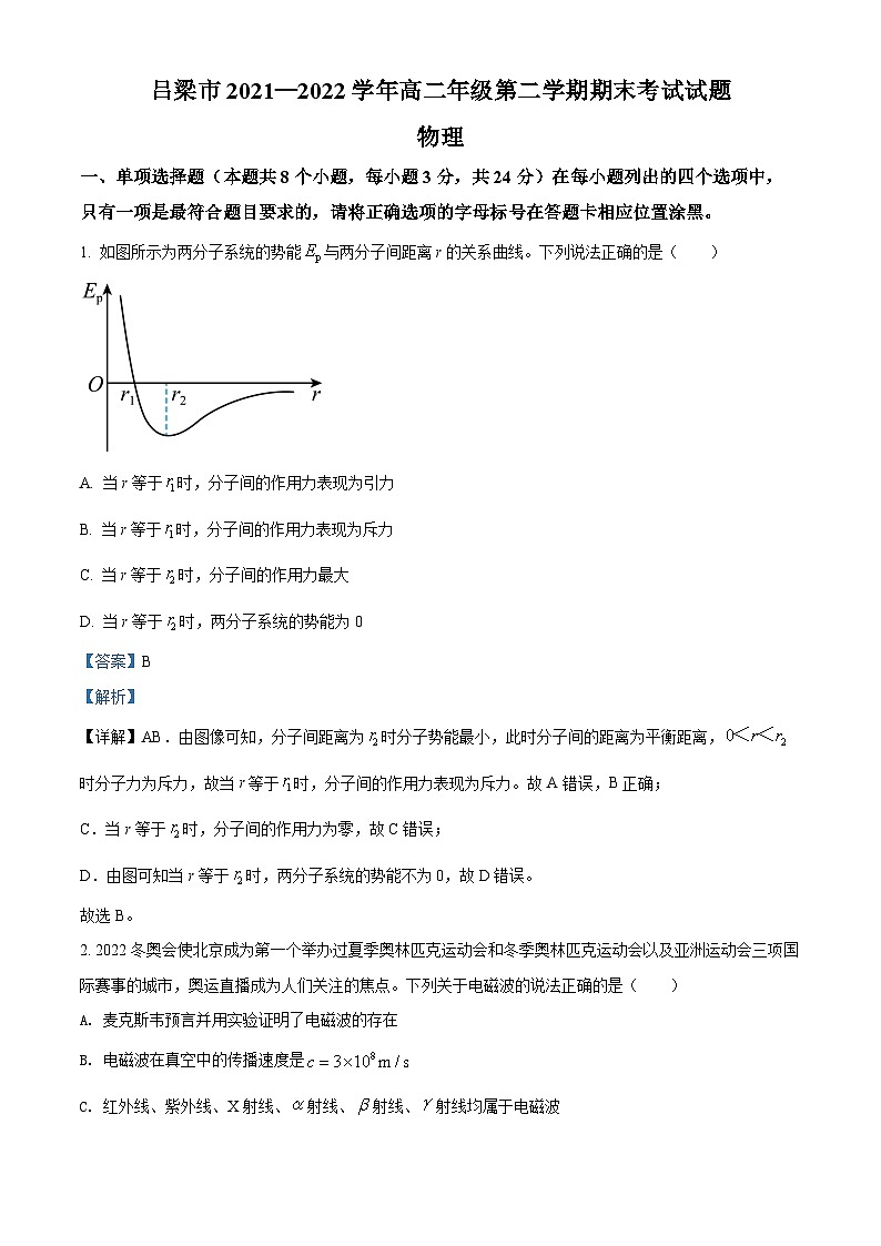 山西省吕梁市2021-2022学年高二下学期期末考试物理试题含解析【公众号:一枚试卷君】第1页