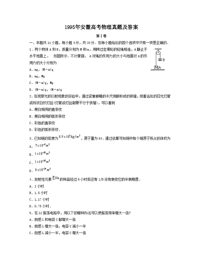 1995年安徽高考物理真题及答案第1页