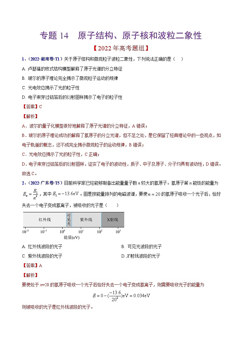 2020-2022年高考物理真题分专题训练 专题14 原子结构、原子核和波粒二象性(教师版含解析)01