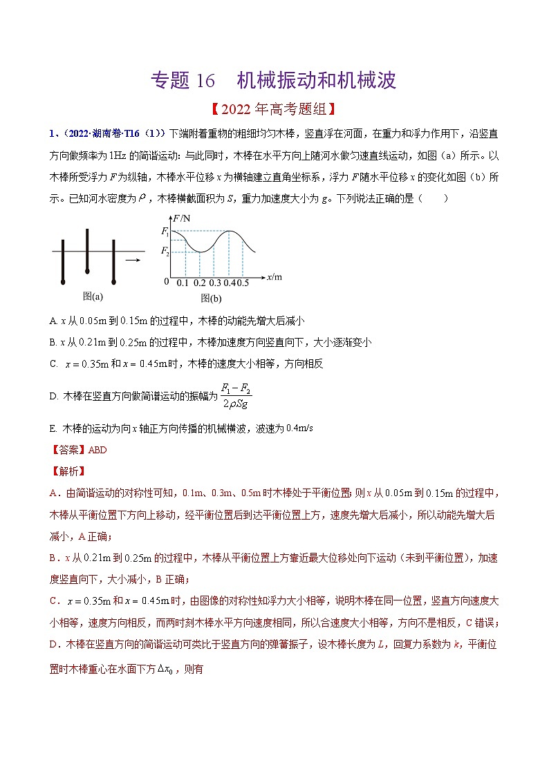 2020-2022年高考物理真题分专题训练 专题16 机械振动和机械波(教师版含解析)第1页